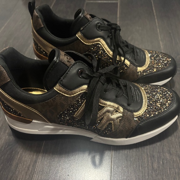 Michael Kors Brown & Gold Glitter Sneakers - Picture 1 of 4